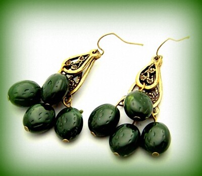 PENDIENTES BOHO LARGOS CON COLGANTES VERDES DORADO ENVEJECIDO Mod. CHANDELIER 