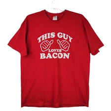 Gildan Ultra Cotton Mens Red "This Guy Loves Bacon" T-Shirt Short Sleeve Size XL