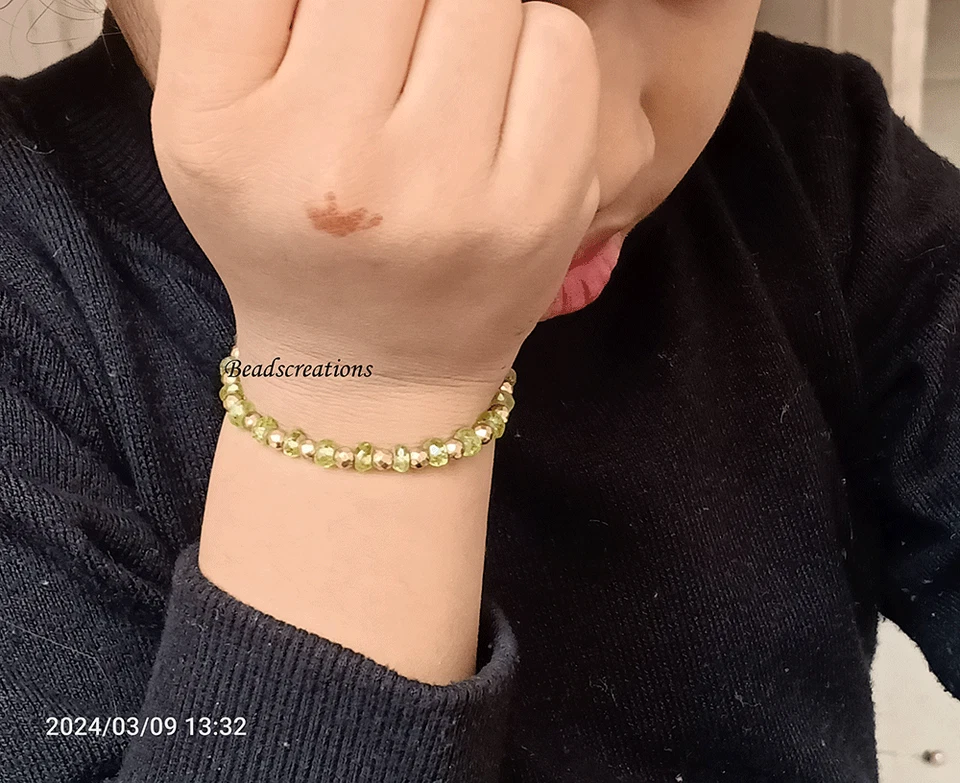 Natural Green Peridot Beads Golden Pyrite Faceted Rondelle Bracelet Gift Her - Image 2 of 4