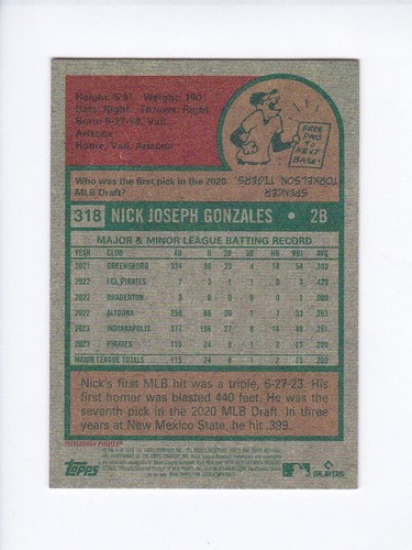 2024 Topps Heritage Mini #318 NICK GONZALES RC Pittsburgh Pirates ROOKIE MINI - Picture 3 of 3