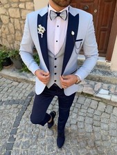 Men's Wedding 3 Piece Suit Slim Fit One Button Light Blue Groom Tuxedo Suits