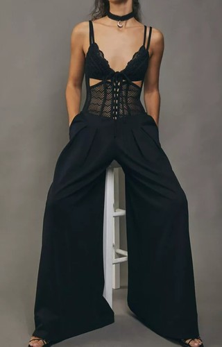Pat-Bo Black Lace Crepe Corset Cutout Mesh Fishnet Jumpsuit Wide-Leg Pants 6 - Picture 4 of 14