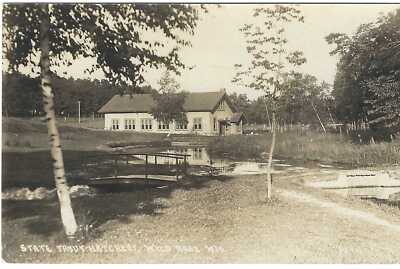 RPPC WILD ROSE, WISCONSIN POSTCARD State Fish Hatchery, Foot Bridge, Ponds