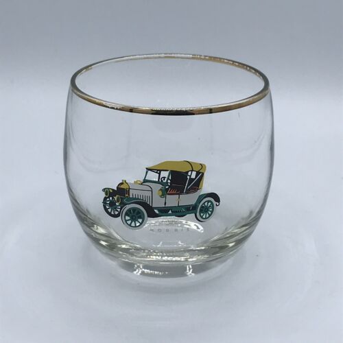 MCM Roly Poly Cocktail Whiskey Rocks Glass w Antique Car Morris Motif Gold Rim - Picture 1 of 6