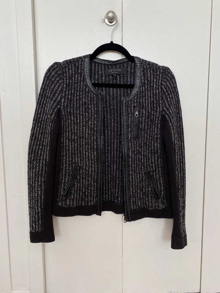 Rag & Bone Knit Bomber Jacket with Leather Trim - Size XS - Image 4 of 4