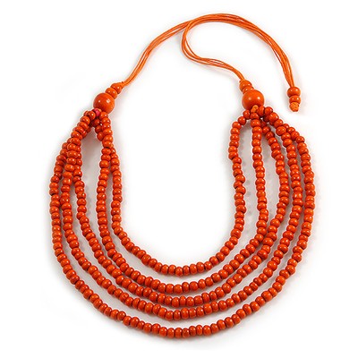 Orange mehrstrangige geschichtete Holzperlen mit Baumwollkordel Halskette - 90 cm max