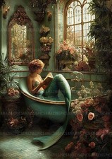 Mermaid Art Print Fantasy Bathroom Scene Romantic Floral Vintage Style AF98