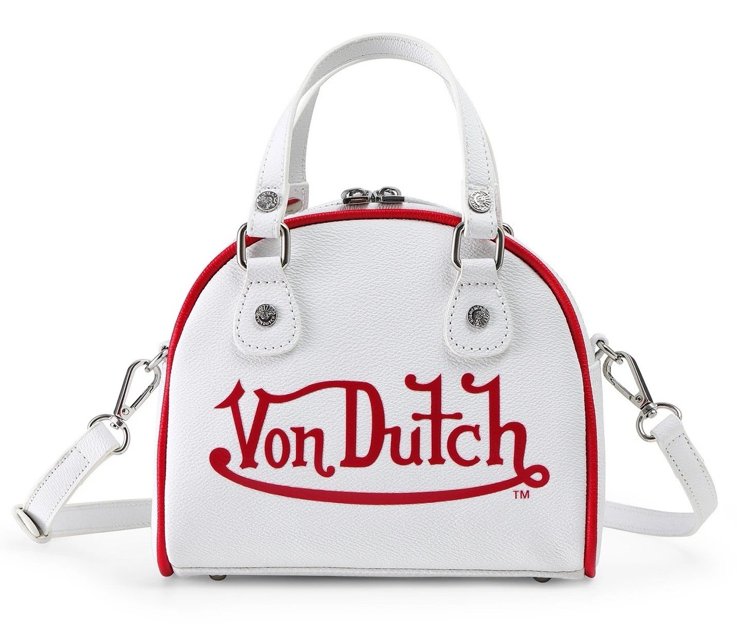 Von Dutch White and Red Two-Tone Vegan Leather Bowling Bag Style # VDBB1021