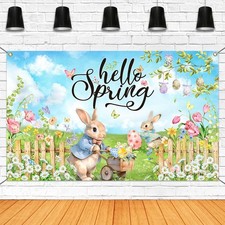 Hello Spring Backdrop Easter Party Banner Greenery Spring Festival Easter Photo.