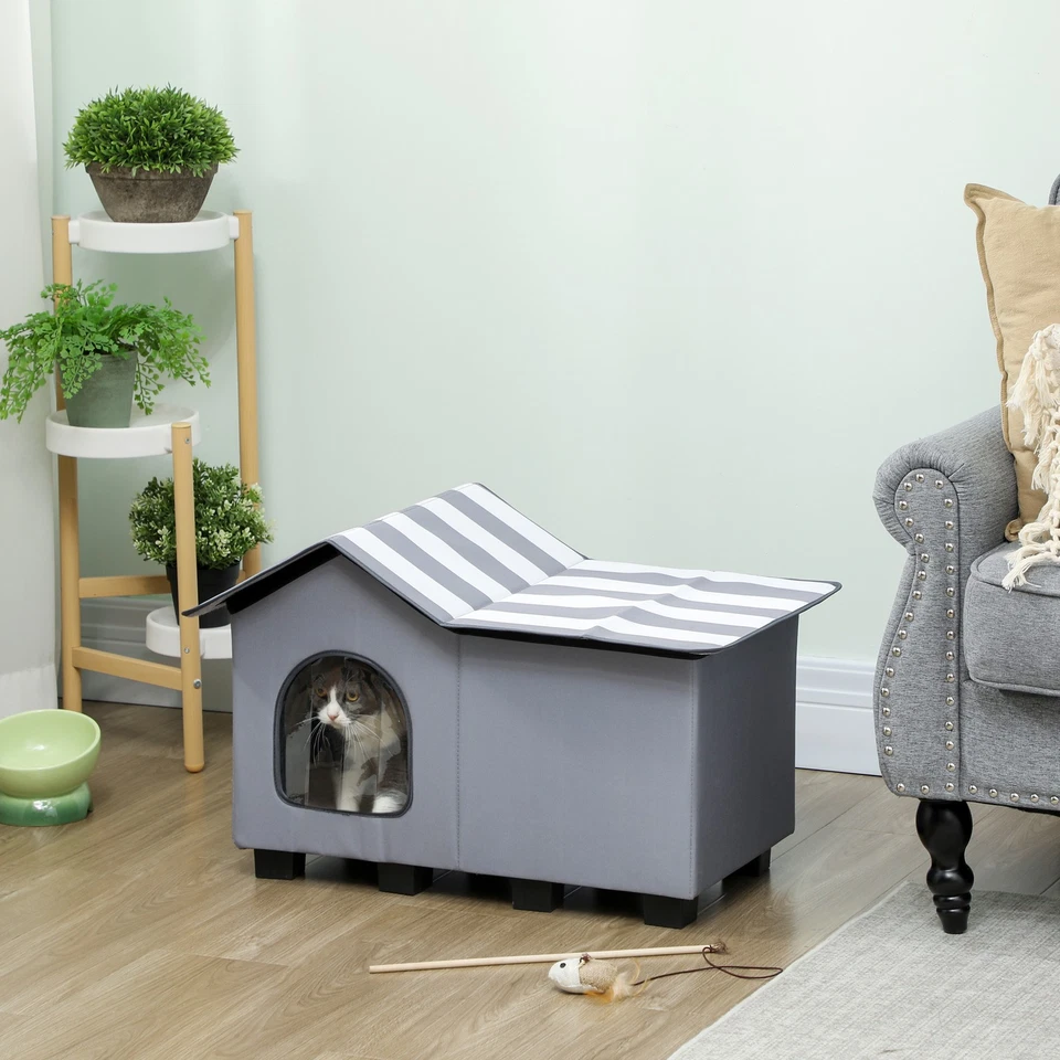 PawHut Outdoor Cat House, Feral Cat Cave with Elevated Base, Grey - Image 2 of 4