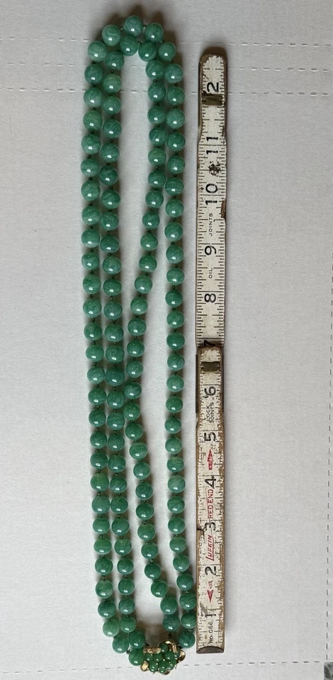 Antike Doppelstrang grüne Jadeit Perlenkette Gold Blumen Verschluss Vintage - Bild 4 von 4