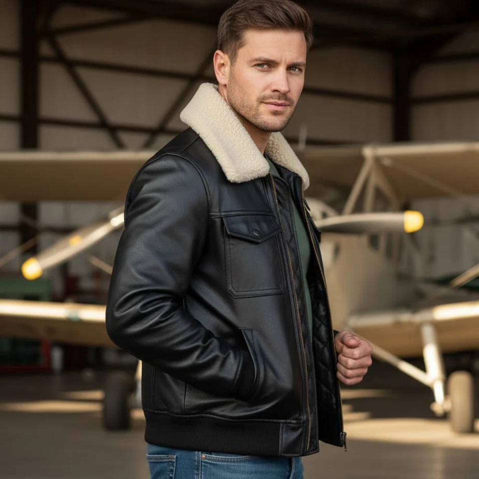 Men’s Air Force Pilot Leather Jacket Cowhide Aviator A-2 Flight Bomber Jacket - Image 2 of 4