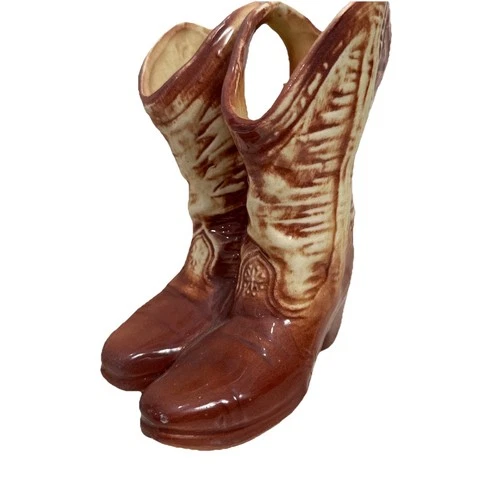 VTG  McCoy Pottery Cowboy Boots Planter vase brown USA Rodeo Decor Cowgirl