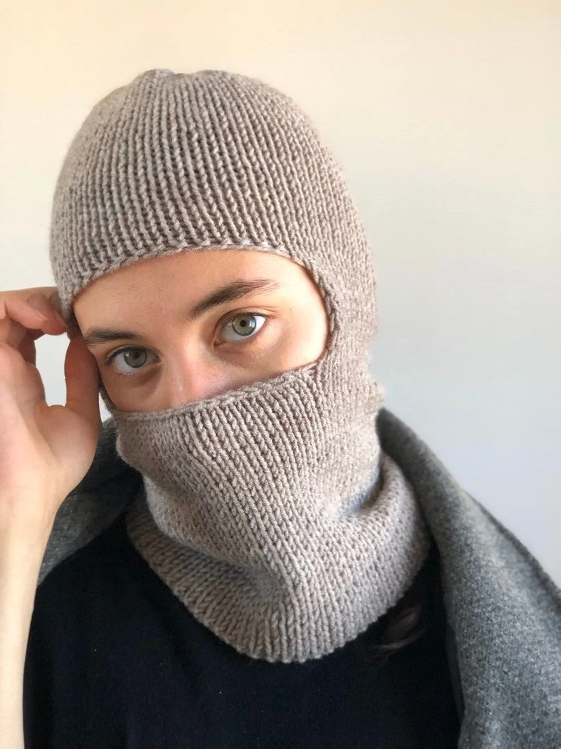 Handmade Wool Knit Balaclava Full Face Ski Mask, Gray