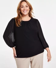 Kasper Women's Plus Size Shirred-Neck Semi Sheer Sleeves Blouse Top Black 1X