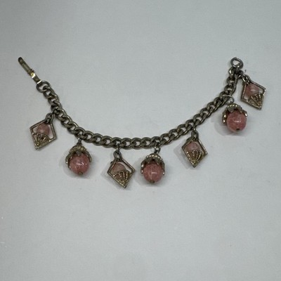 Vintage Art Deco Style Charm Bracelet Silver Gold Tones With Pink Stone Accents