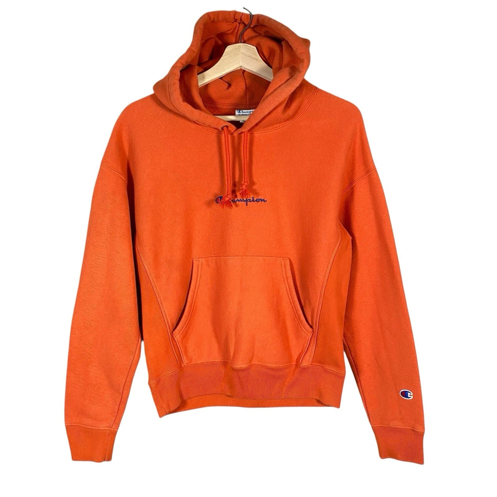 Champion Reverse Weave Hoodie Size S Orange Embroidered Spell Out Y2K Streetwear