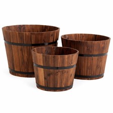 Garden Gear Rustic Wooden Barrel Planter Fir Wood Burnt Finish Metal Bands Oak