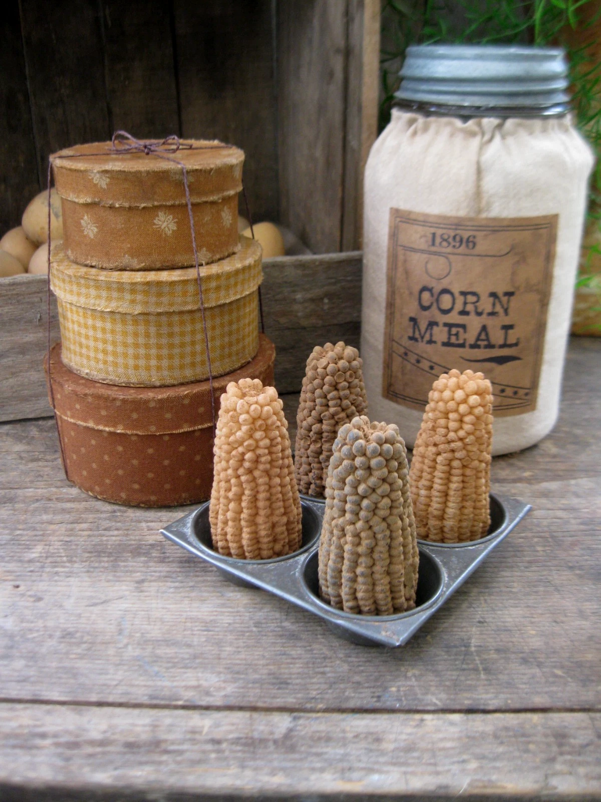 Antique Tin Toy Muffin Pan w 4 Beeswax Corn Cobs