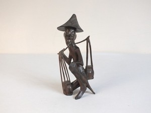 Vintage Hand Carved Wooden Vietnamese Rice Farmer Figurine