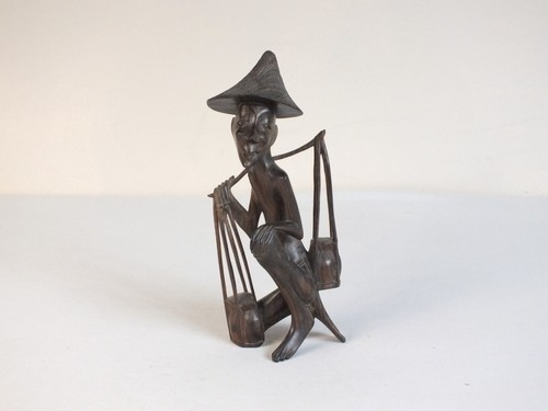 Vintage Hand Carved Wooden Vietnamese Rice Farmer Figurine