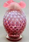 Vintage~MCM~Fenton Cranberry Opalescent Hobnail Glass Crimped Edge 4" Bud Vase