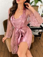 Lace Nightgown Robe Set Sheer Sleepwear Knee Length Breathable Women 2PCS