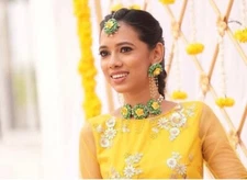 Women fashion flower  earrings tika bracelets necklace haldi mehandi babyshower