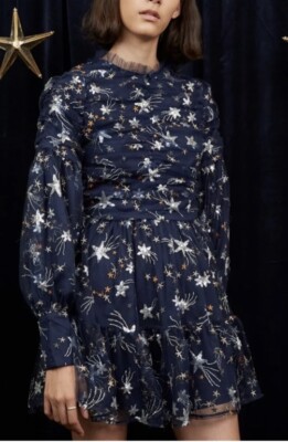 Sister Jane Shooting Star Embroidered Mini Dress Navy & Silver Sz Small |  eBay