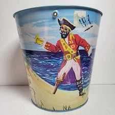 Vintage Tin Sand Pail U.S Metal Toy Mfg Co Pirate Treasure Chest Beach NO HANDLE
