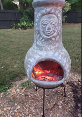Outdoor Wood Burning Clay Chiminea Rustic Gray Handmade Patio Backyard Heater