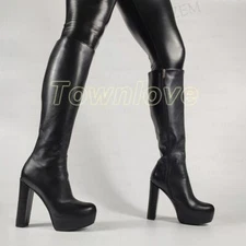 Women Knee High Boots Zip Up Thick High Heels Boots Platform Black Shoes Woman