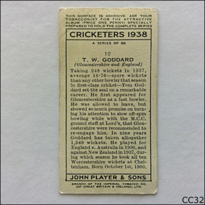 cricketers 1938 cigarette cards John Player Cricketers 1938 #10 T.W. Goddard Cigarette Card (CC32)