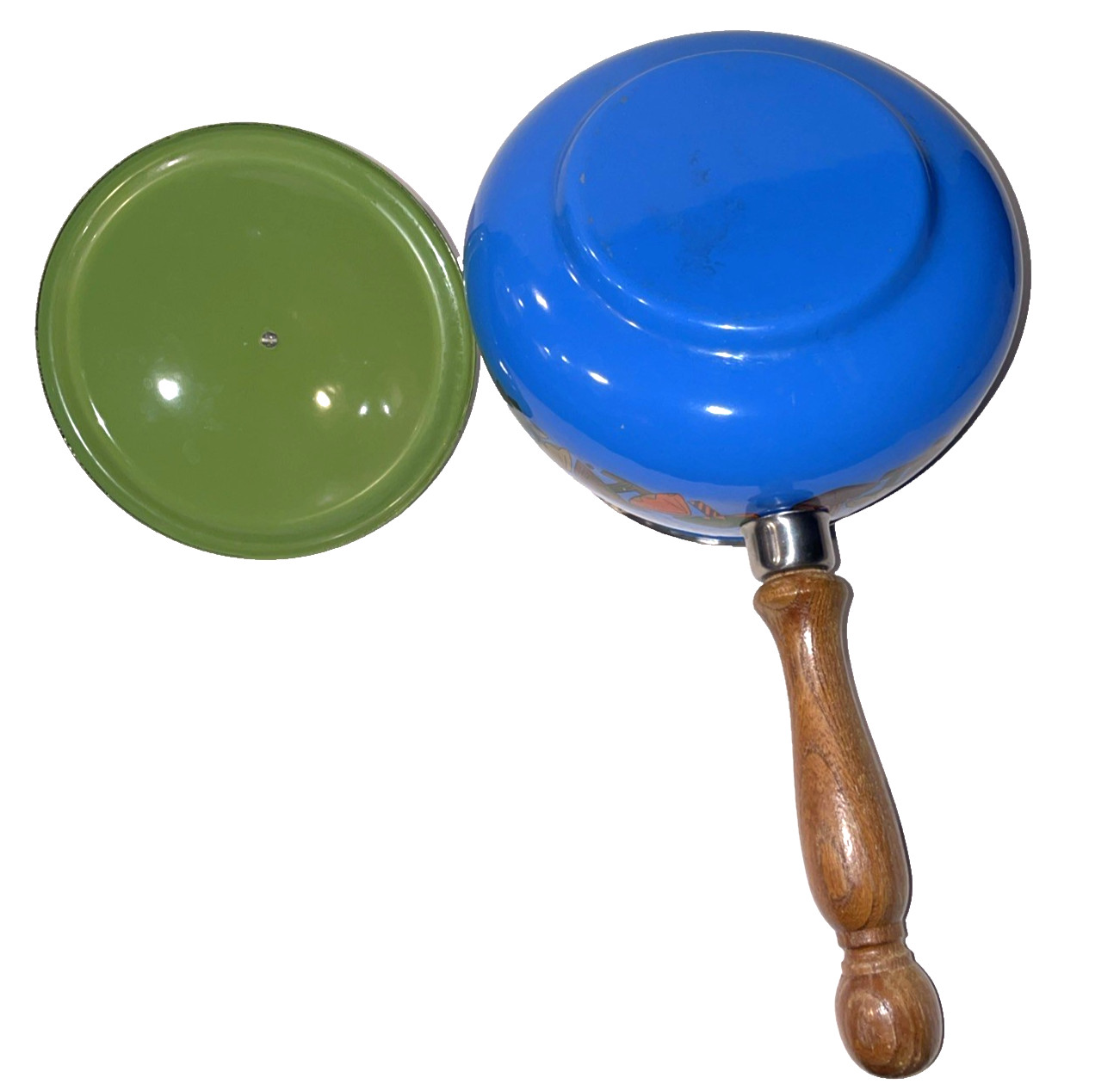 Mid Century Porcelain Enamel Fondue Set Mushrooms Blue and Green SEE Description