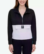 DKNY Sport Ladies Half Zip Pullover Front Envelope Pocket Black White Blue S NWT