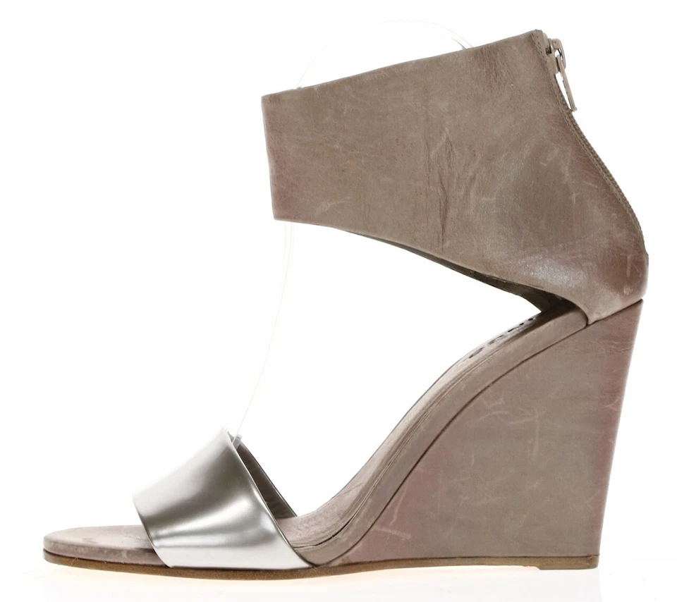 Sandalias de tacón de cuña VINCE para mujer de cuero de peltre con cremallera y correa al tobillo talla 8,5 M Foto 2 de 4