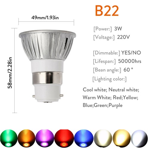 3W GU10 E14 MR16 B22 Bombilla LED Regulable E27 B15 220V 12V 24V Lámpara BC - Imagen 16 de 19
