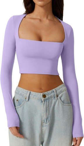 Women's Sexy Square Neck Crop Top Long Sleeve Slim Fit Cropped T Shirts - Picture 50 of 67