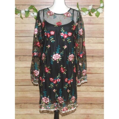 Xhilaration Ladies Black Floral Embroidered Mesh Overlay Shift Dress Size M 