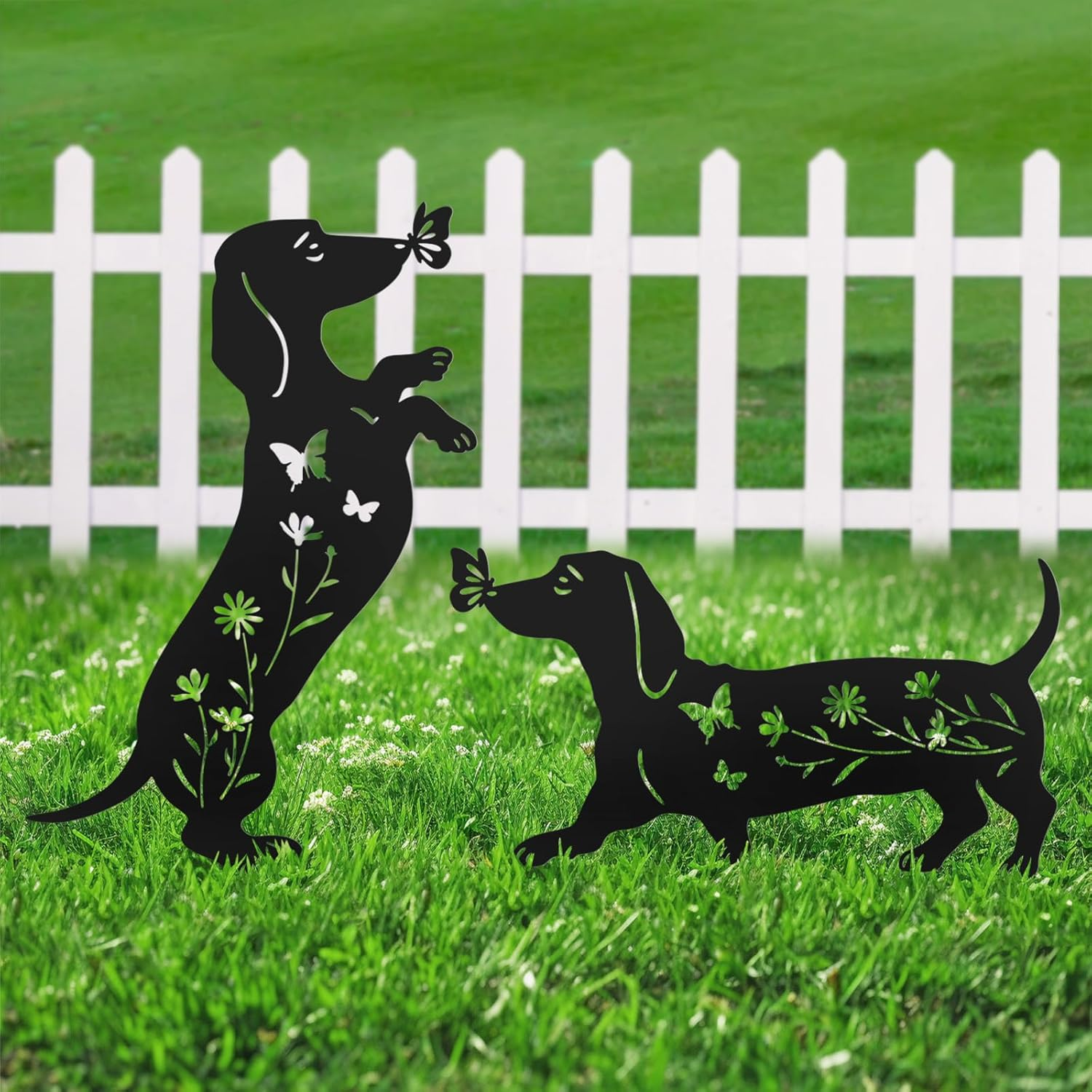 Set of 2 Dachshund Metal Garden Statues for Outdoor Decor