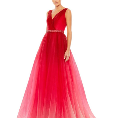 Mac Duggal Gown Beaded Belt Wrap Over Sleeveless Ballgown Red Ombre Sz 18 #20378