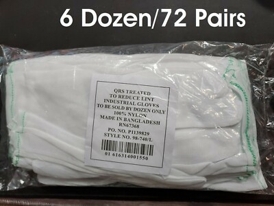 QRS-Treated Industrial Inspection Gloves LG,100% Nylon White, NEW 6 dozen/72prs