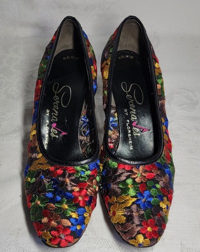 Vintage Serenades By Florsheim Shoes Stiched Flowers Size 7 Narrow Boho 2" Heel - Picture 8 of 8