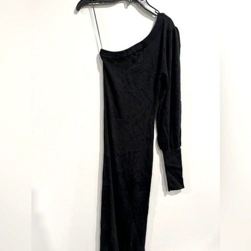 Sanctuary Women's One-Shoulder Puff-Sleeve Ribbed MIDI Black Sweater Dress M - Picture 9 of 11