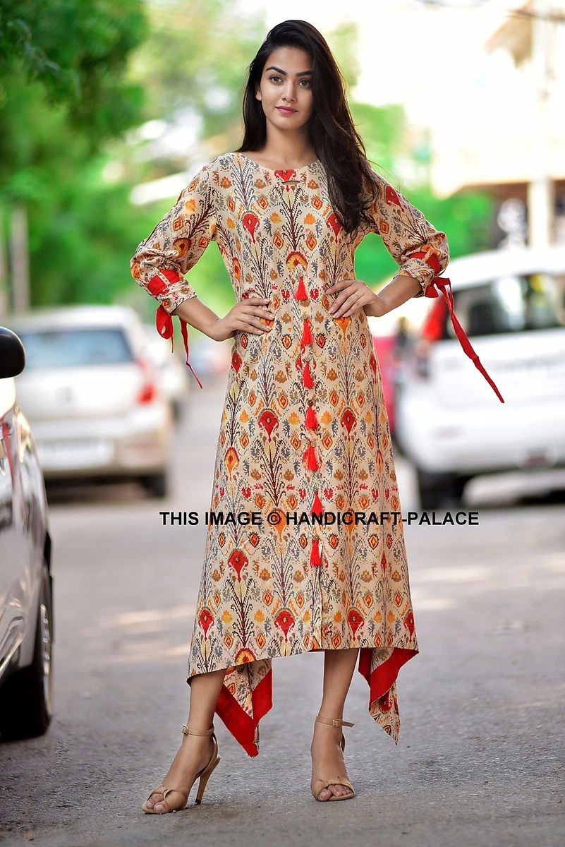Women Ikat Print Rayon Straight Kurta Kurti 3 4 Sleeve Casual