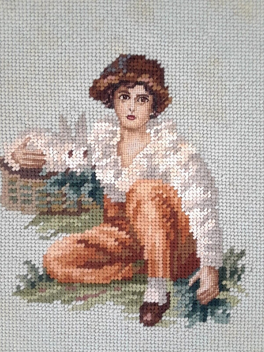 フランスアート　額縁セット　NEEDLEPOINT Vintage 60's Framed Needlepoint Embroidery Peasant Boy Brown Frame