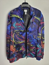 Chicos Silk Jacket Size 2 L Blue Black Asian Inspired Gold Metallic Accents