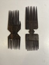 Two Vintage Hand Carved Wood Tribal Decorative Hair Comb Picks