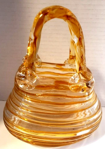 Murano Style Art Glass Amber Tones Striped Woven Look Handbag Purse Vase
