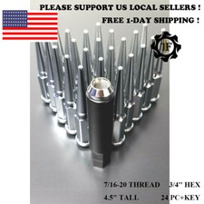 24PC+KEY CHROME 4.5'' TALL SPIKE LUG NUTS | 7/16 | CHEVY | GMC | K10 | K2 | USA